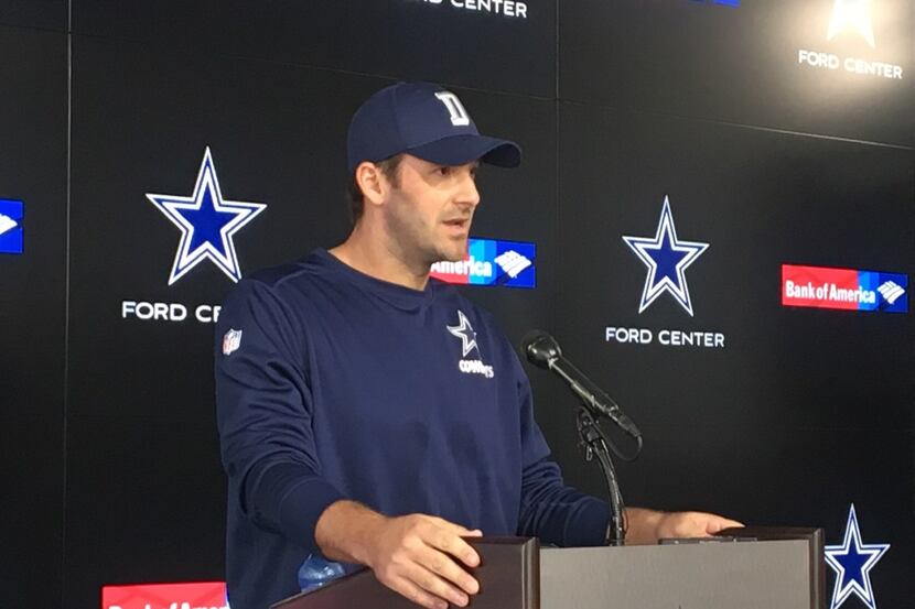 Dallas Cowboys quarterback Tony Romo speaks to the media at the Ford Center at the Star in...