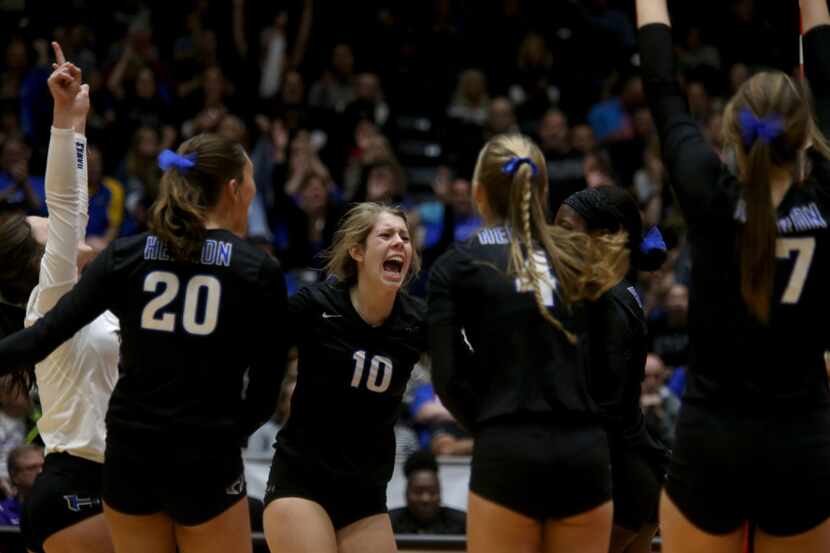 Hebron reacts to thier winning of the Class 6A Volleyball State Championship against Clear...