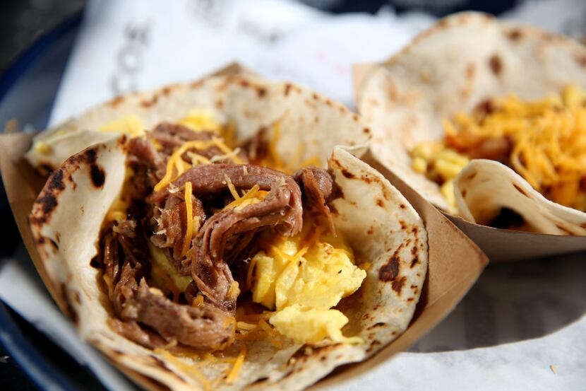 The brisket, egg and cheese taco photographed at Rusty Taco in Dallas on Wednesday, July 19,...