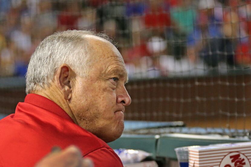 Texas president Nolan Ryan watches the action in the eighth inning during the Tampa Bay Rays...
