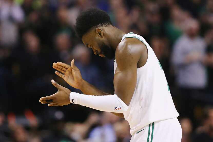 BOSTON, MA - MAY 27:  Jaylen Brown #7 of the Boston Celtics reacts in the first half against...