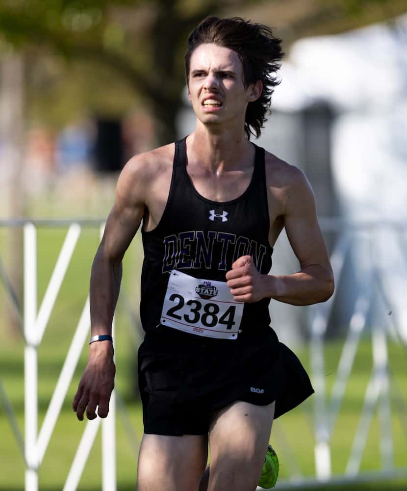 Wyatt Athey of the Denton Broncos runs in the 5A boys’ 5k race during the UIL Cross Country...