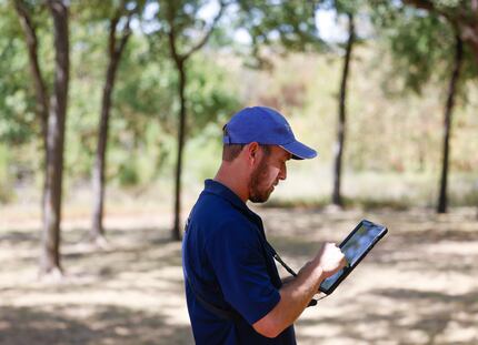 Dallas Park and Recreation certified arborist Blake Wyne checks a catalog record of a white...