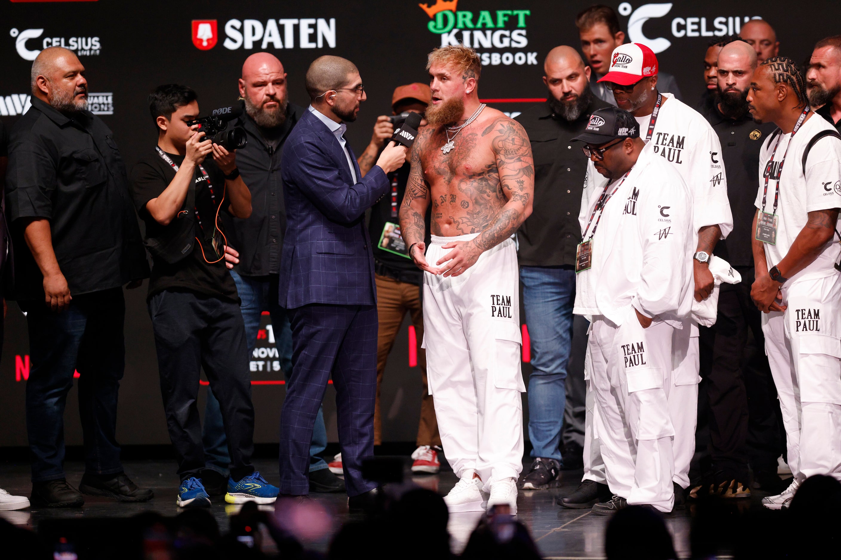 Jake Paul speaks with Ariel Helwani during public weigh-ins  ahead of his boxing match...