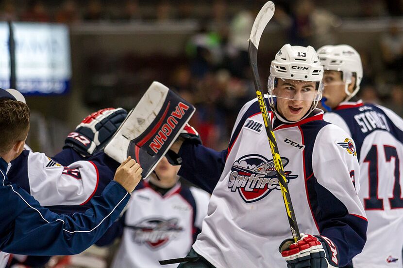 WINDSOR, ON - OCTOBER 08: Gabriel Vilardi #13 of the Windsor Spitfires celebrates his goal...