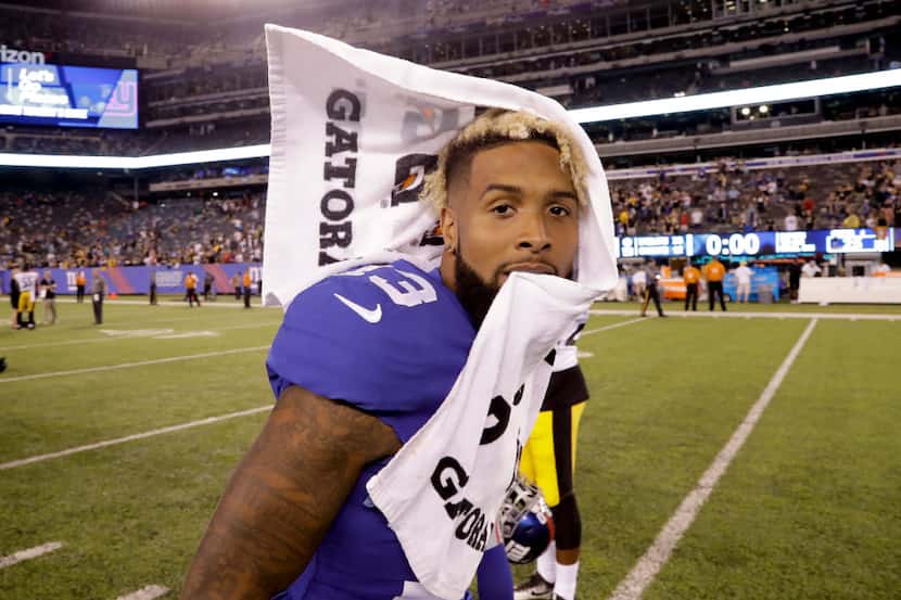FILE - In this Aug. 11, 2017, file photo, New York Giants wide receiver Odell Beckham (13)...