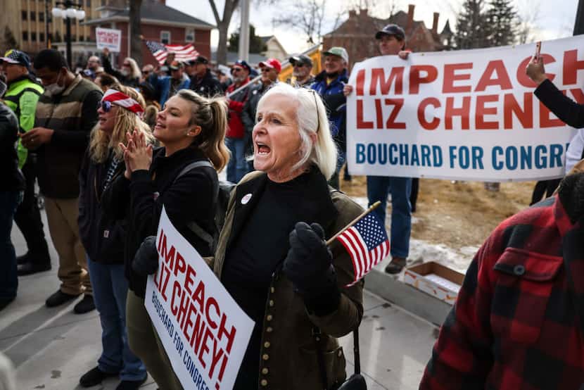 Protesters in Cheyenne, Wyo., demand the removal of U.S. Rep. Liz Cheney on May 18, 2021.