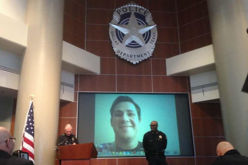 Josh Burns spoke via a webcam on Wednesday at Jack Evans Police Headquarters in Dallas....
