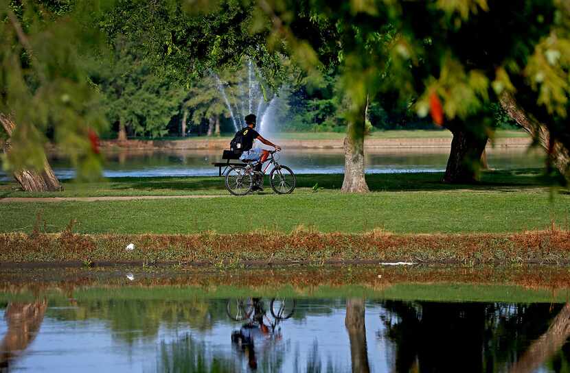 A man rides a bicycle at Towne Lake Recreation Area in McKinney.