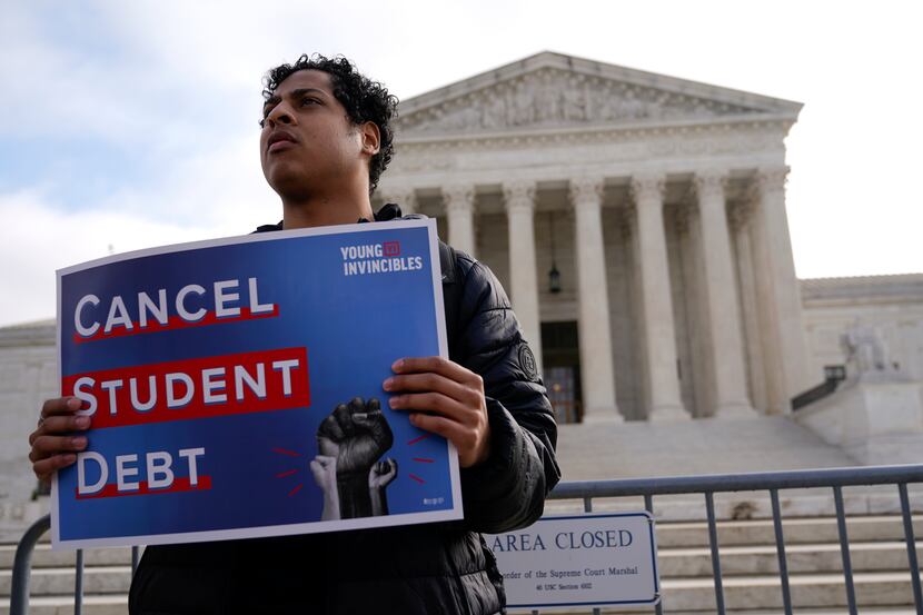 Student debt relief advocates gathered outside the Supreme Court on Feb. 28 ahead of...
