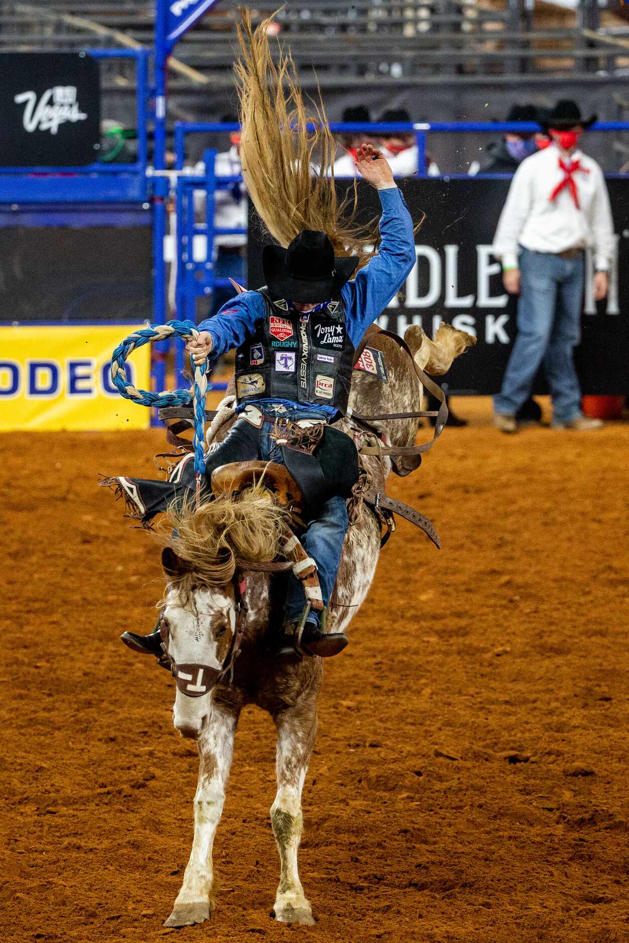 PRCA Saddle Bronc contestant Rusty Wright wins the first round of his event with a score of...