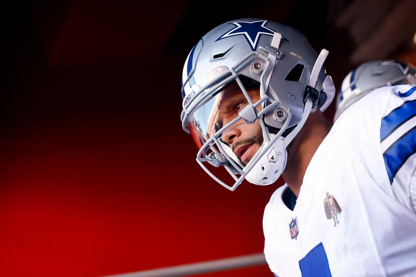 Dallas Cowboys quarterback Dak Prescott (4) prepares to take the field to face the San...