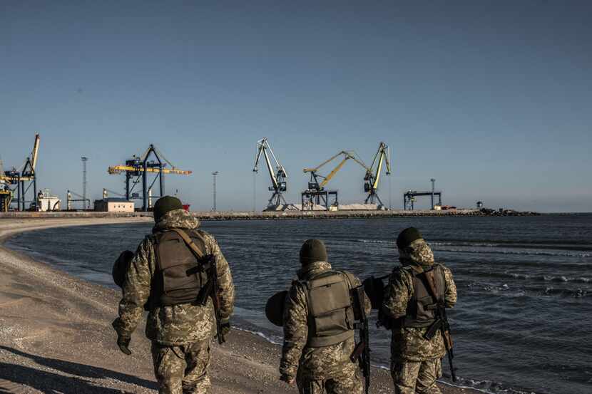 MARIUPOL, UKRAINE - NOVEMBER 29: Ukraine's Border Security Force soldiers patrol the coast...