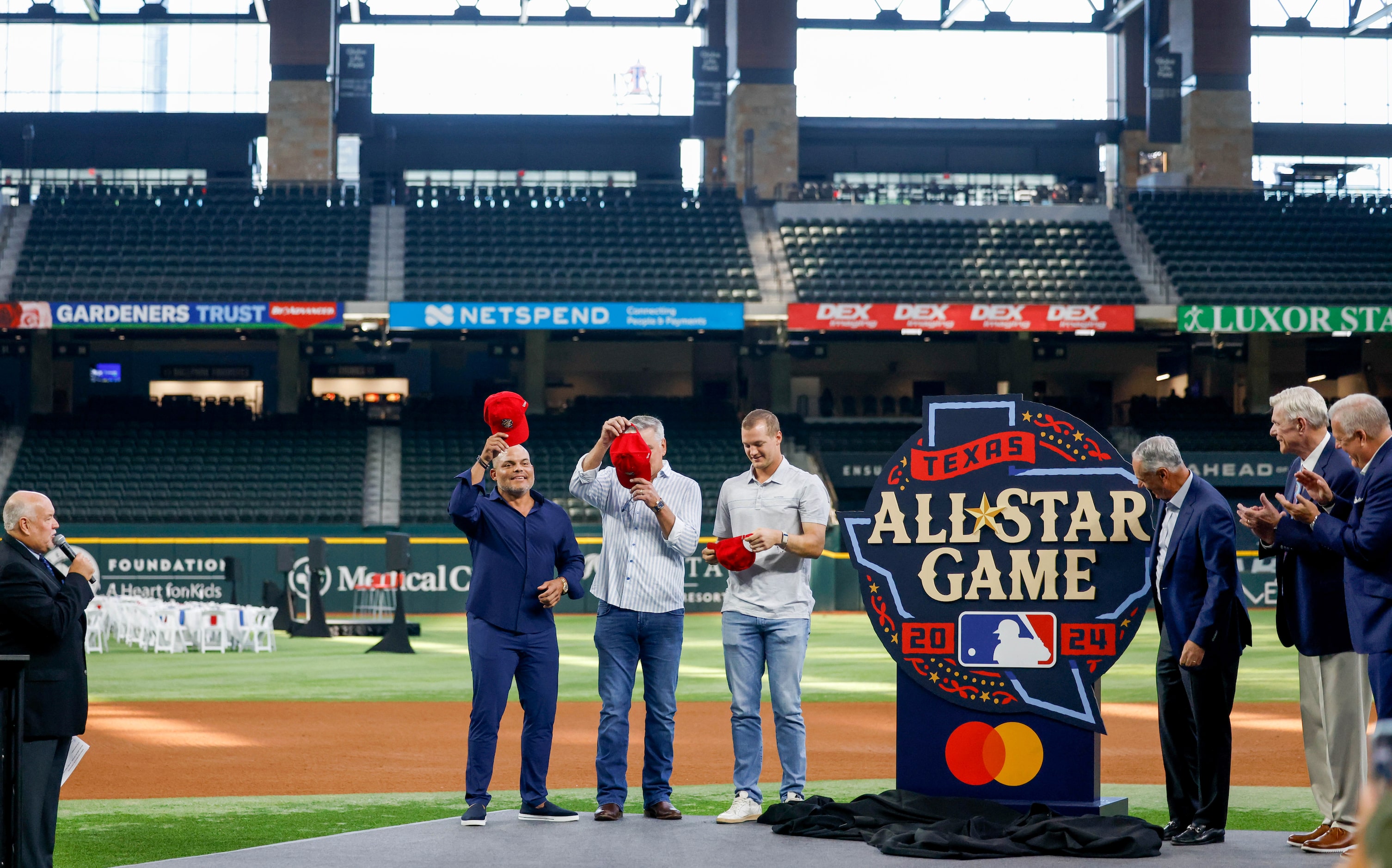 The official logo for the 2024 All-Star Game is presented at Globe Life Field in Arlington...