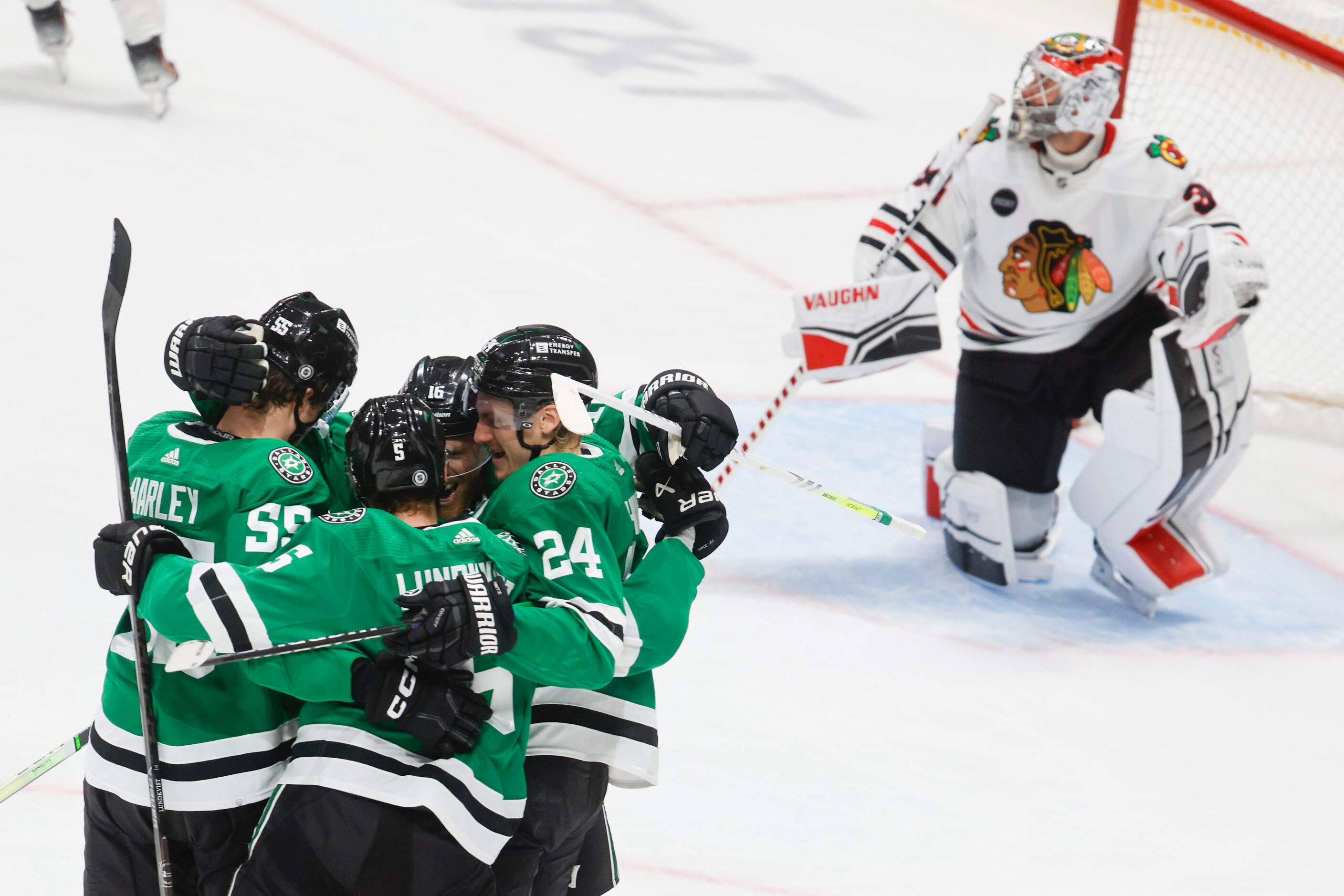 Dallas Stars celebrate their third goal against the Chicago Blackhawks during the second...