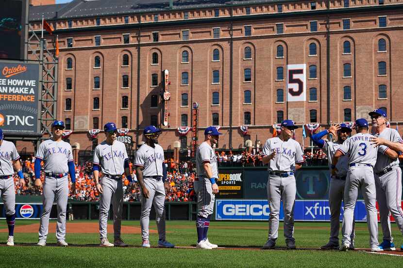 The Texas Rangers starters are introduced before Game 1 of an American League Divisional...