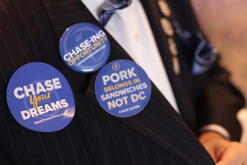 Some of the pins and stickers worn by party members during a Libertarian election night...