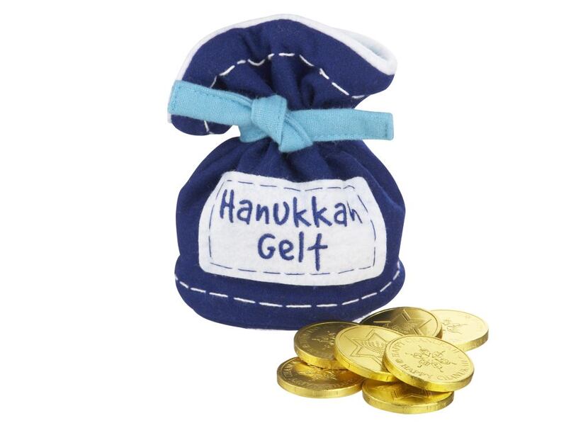 SWEET GELT: Coins of milk chocolate are wrapped in gold foil and hidden away in a blue felt...