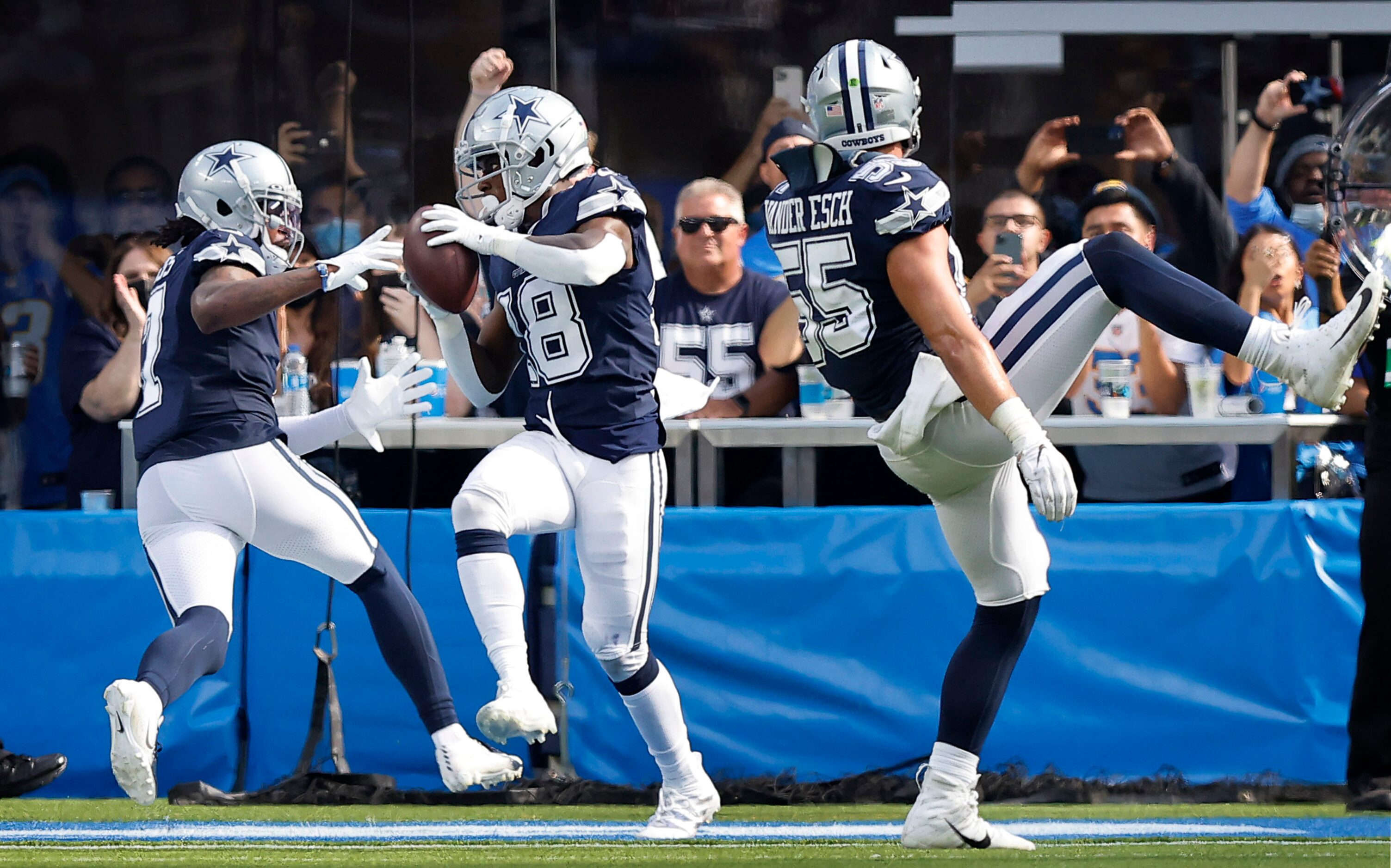 Dallas Cowboys safety Damontae Kazee (18) intercepts a third quarter pass in the end zone by...