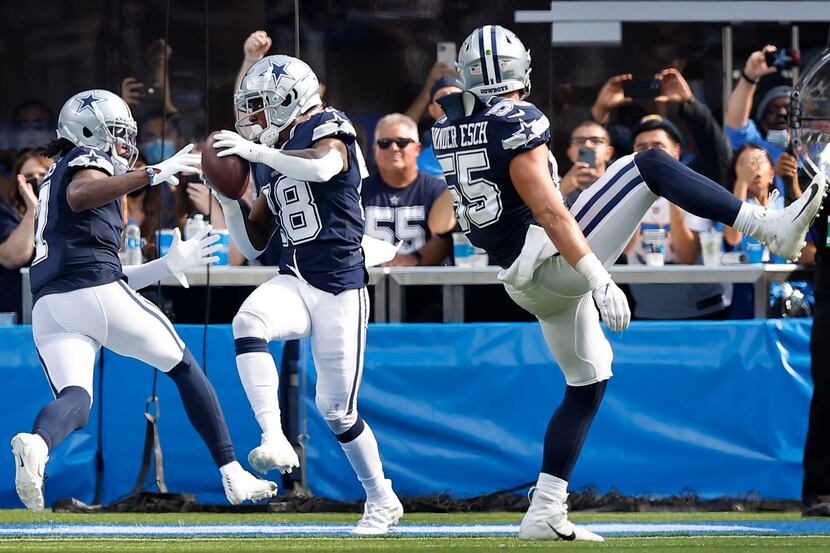 Dallas Cowboys safety Damontae Kazee (18) intercepts a third quarter pass in the end zone by...