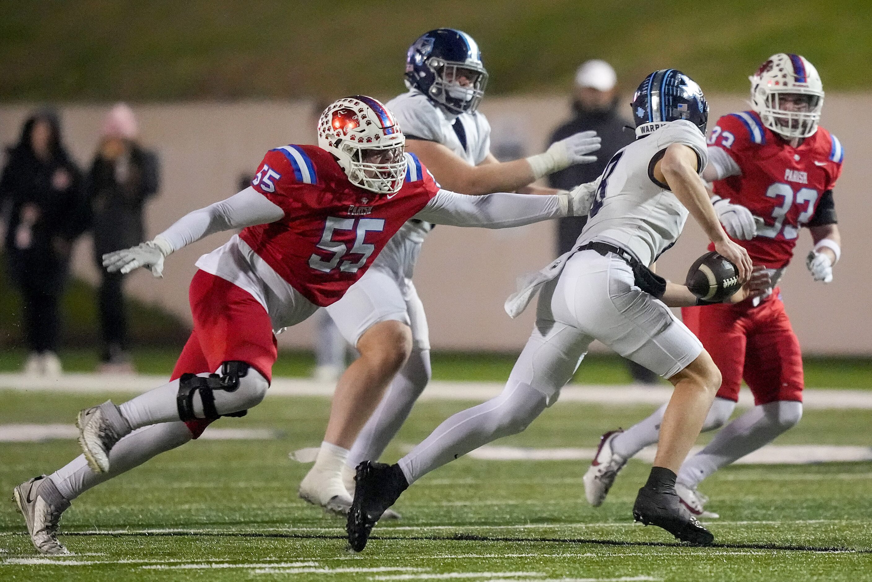 Argyle Liberty Christian quarterback Quinn Murphy (8) scrambles away from Parish Episcopal...