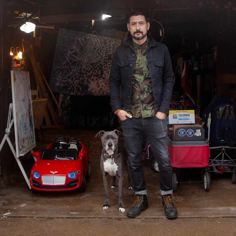 Artist Nic Mathis with his dog Max, photographed in his studio in Dallas on Jan. 22, 2019.