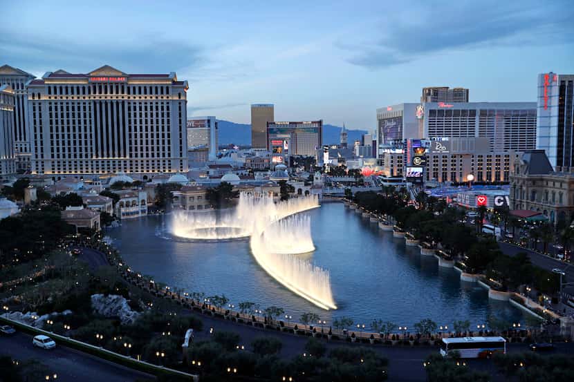 In this April 4, 2017, file photo, the fountains of Bellagio erupt along the Las Vegas Strip...