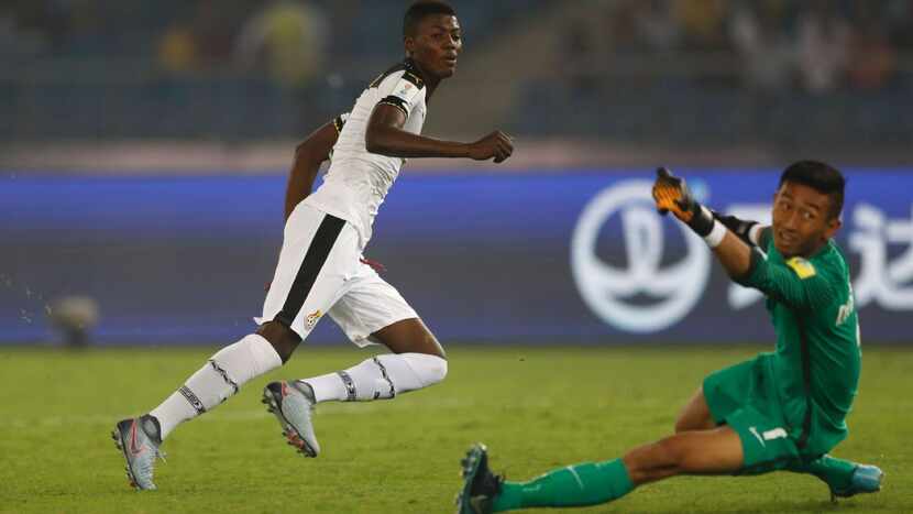 Ghana's Richard Danso scores against India in New Delhi during the 2017 FIFA U-17 World Cup.