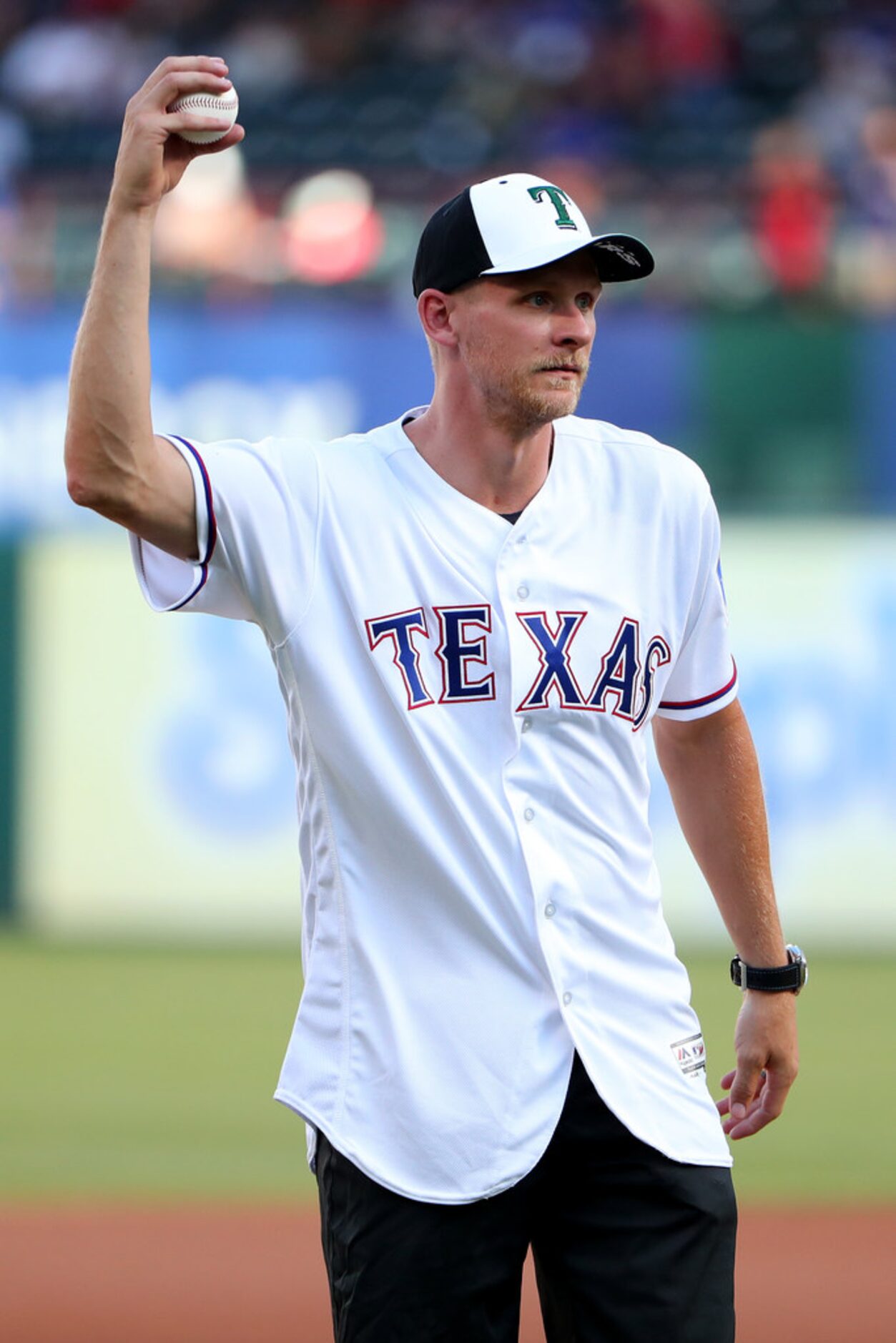 ARLINGTON, TEXAS - JULY 17: Corey Perry of the Dallas Stars prepares to throw out the...