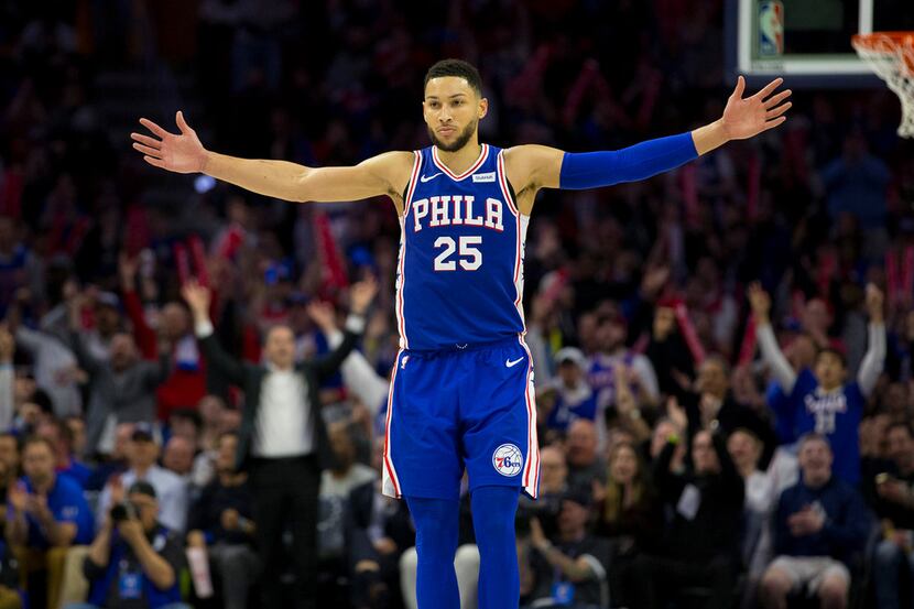 Ben Simmons #25 of the Philadelphia 76ers reacts during action against the Brooklyn Nets in...