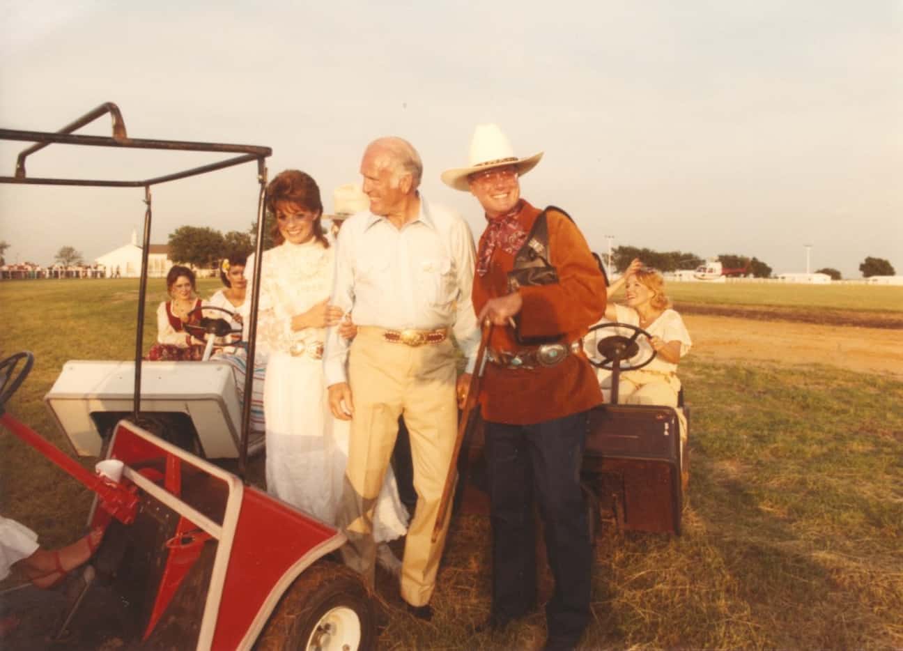 Dallas TV stars Linda Gray and Larry Hagman with businessman Cloyce Box at the 1982 Cattle...