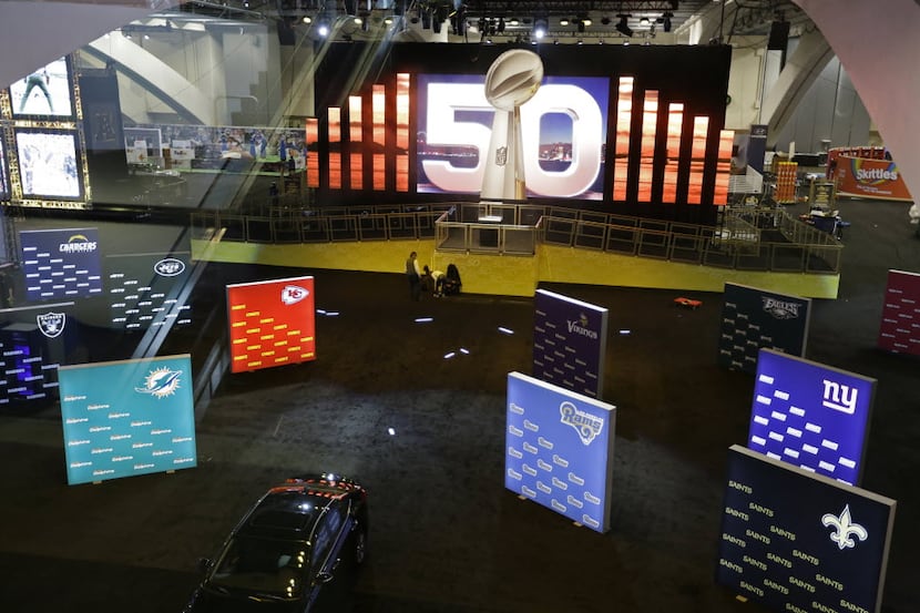 The Vince Lombardi Trophy stage is seen inside the NFL Experience during a preview tour of...