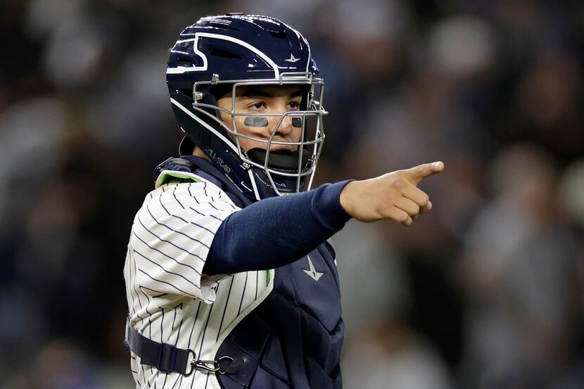 New York Yankees catcher Jose Trevino reacts after a baseball game against the Boston Red...