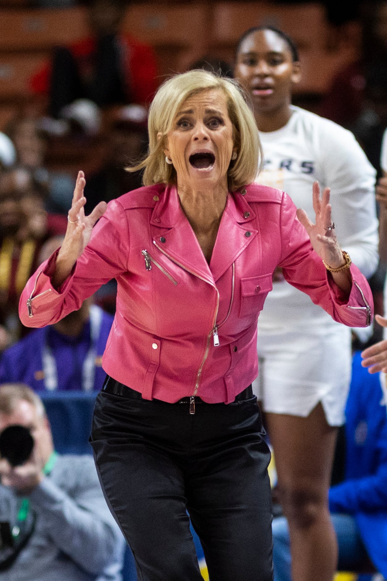 LSU's head coach Kim Mulkey reacts to officials call late in the game in their 69-67 loss to...