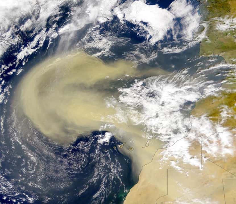 This satellite image shows a plume of dust spreading from Africa like milky coffee.