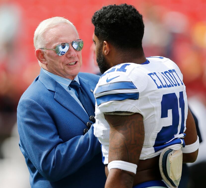 In this 2016 file photo, Dallas Cowboys owner Jerry Jones talks with Dallas Cowboys running...