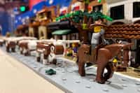 A close-up view of William Hicks' Lego model of the Fort Worth Stockyards.