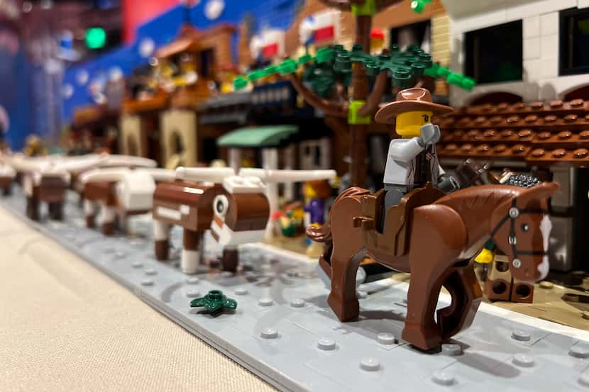 A close-up view of William Hicks' Lego model of the Fort Worth Stockyards.