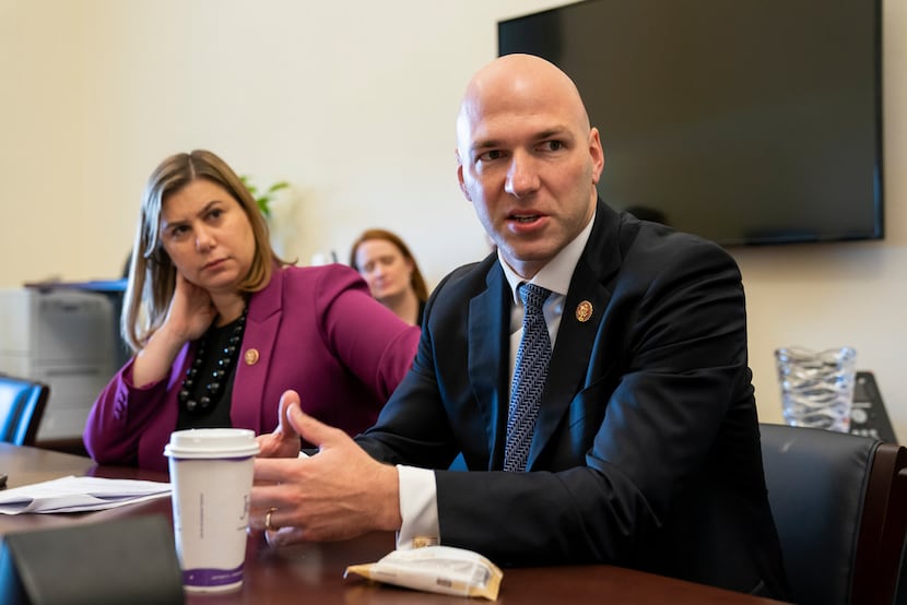 Reps. Anthony Gonzalez, R-Ohio (right), and  Elissa Slotkin, D-Mich., discussed their focus...