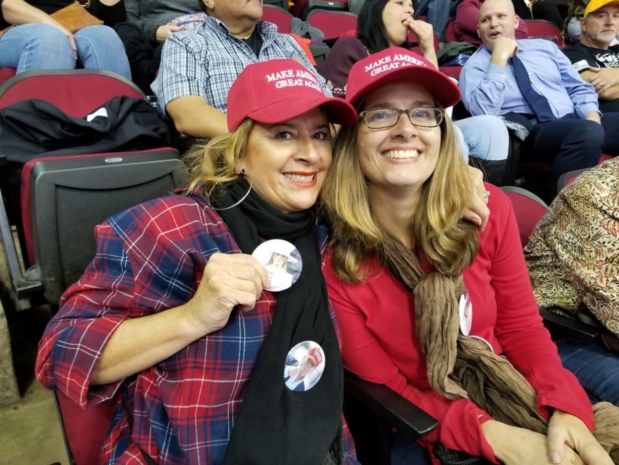 Debbie Driscoll, left, and her friend Leslie Biggs, both from Houston, attend the Donald...