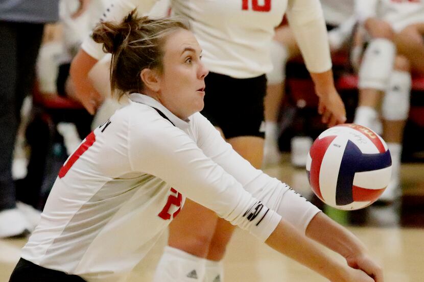 Lovejoy's Kylee Fitzsimmons receives a serve during Tuesday's three-set win over McKinney...