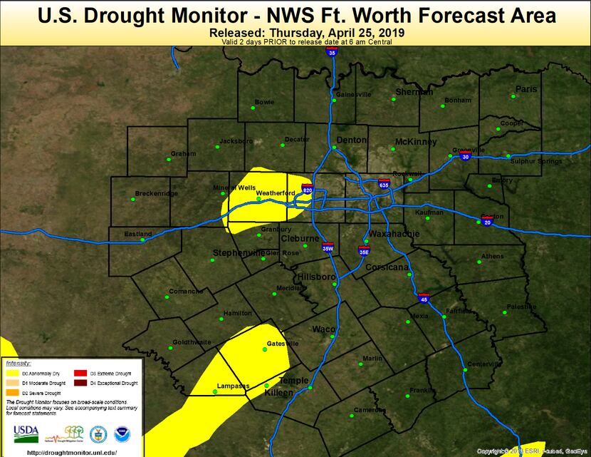 Portions of Tarrant County are abnormally dry on the U.S. Drought Monitor issued April 25,...