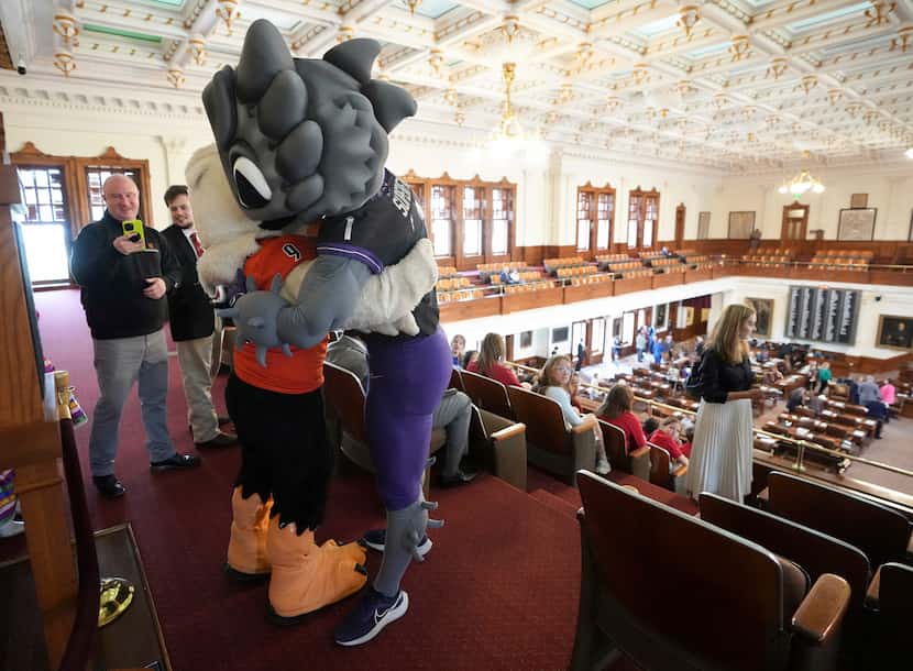 Freddy the Falcon, the University of Texas Permian Basin mascot, greeted Texas Christian...
