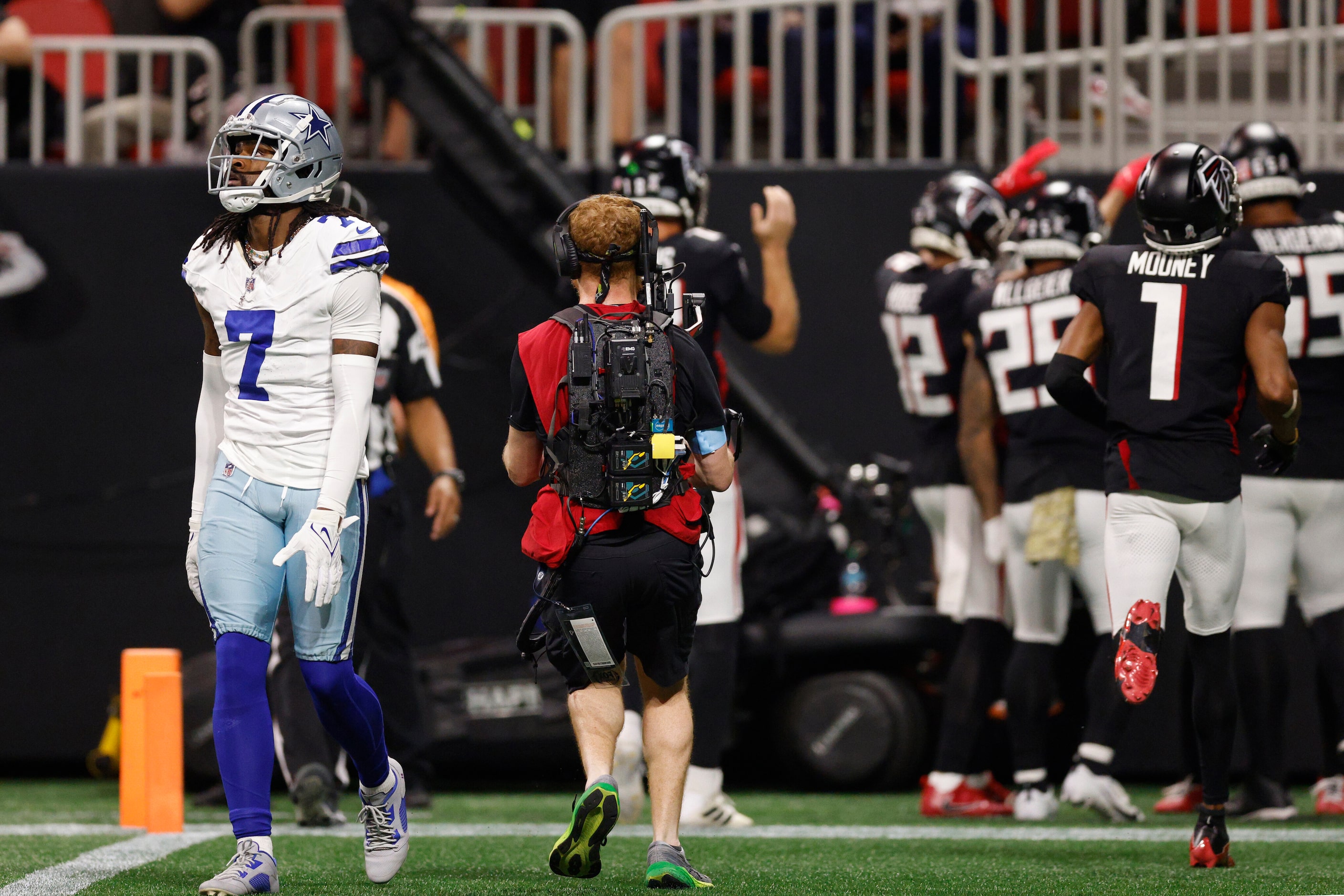 Dallas Cowboys cornerback Trevon Diggs (7) walks off the field as the Atlanta Falcons...