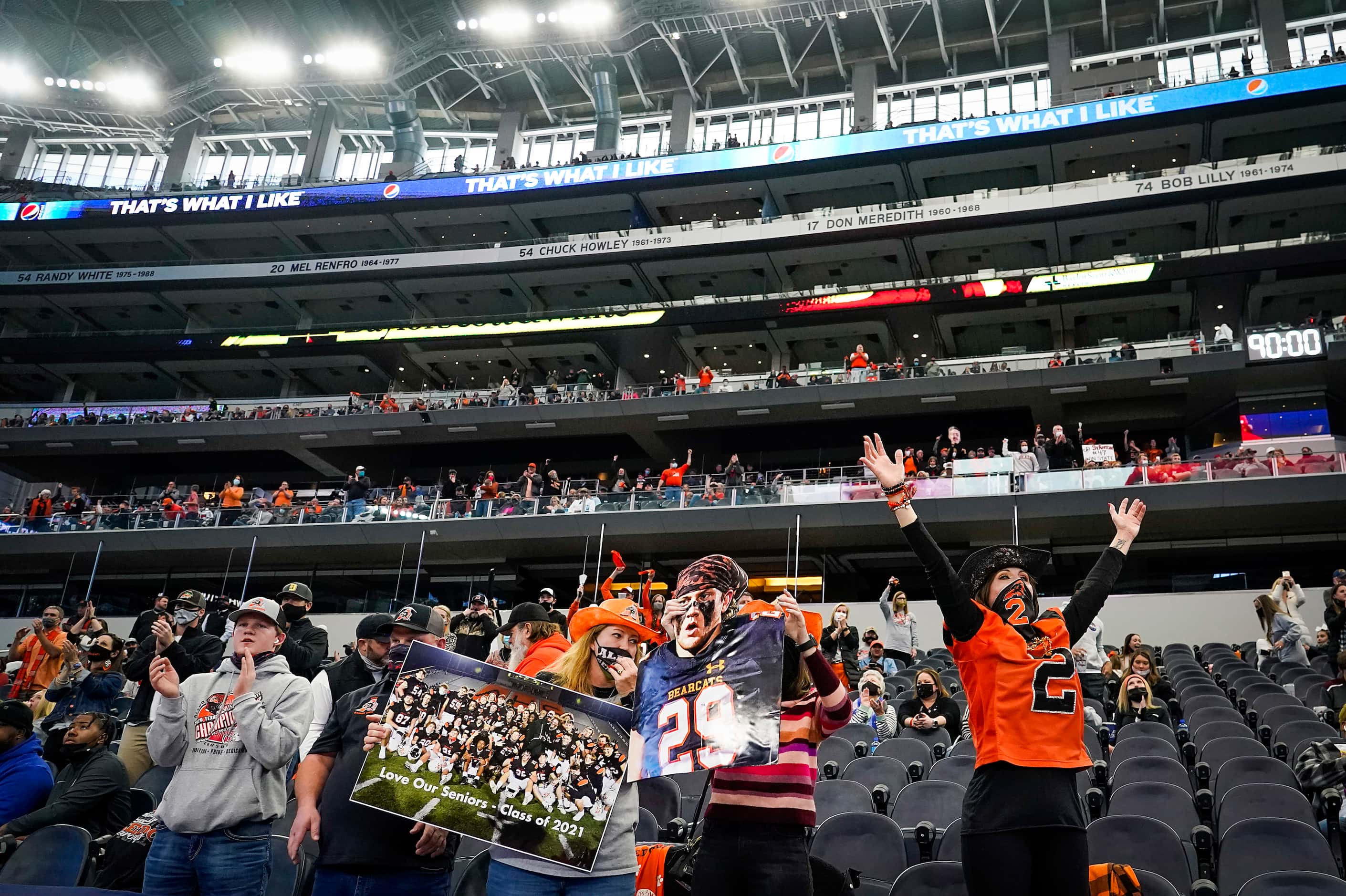 Aledo fans cheer as their team leaves the field with a lead over Crosby at the end of the...
