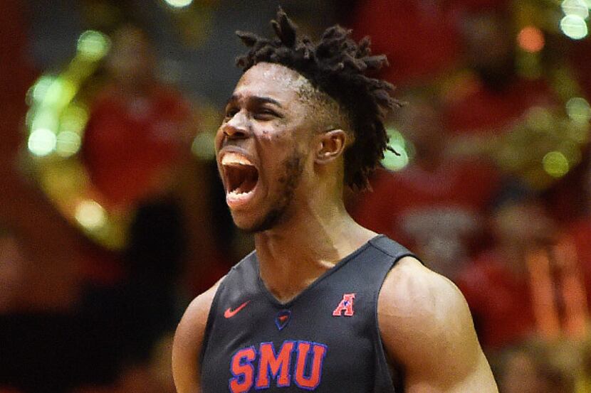 SMU forward Semi Ojeleye (33) reacts after teammate Sterling Brown was fouled during the...