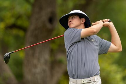 Keller's Kaelen Dulany hits from the second tee box during the final round of the UIL Class...