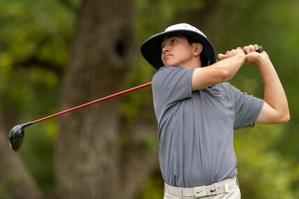 Keller's Kaelen Dulany hits from the second tee box during the final round of the UIL Class...