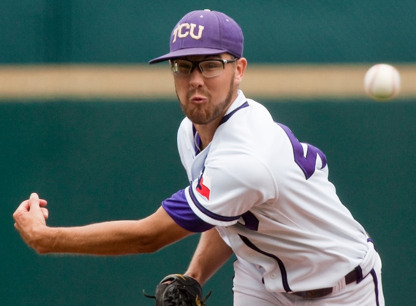 FILE - TCU pitcher Matt Purke follows through with a pitch against Florida State in the...