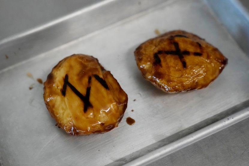 Pieces of Good Meat's cultivated chicken is shown at the Eat Just office in Alameda, Calif.,...